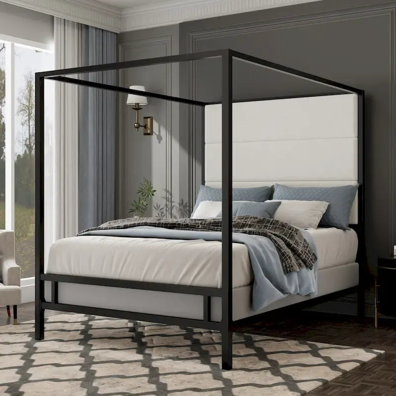 Negro Blanco / Dorado Crema, Cama con Dosel de Metal con Cabecero de Lino, 4 Postes, Queen / King