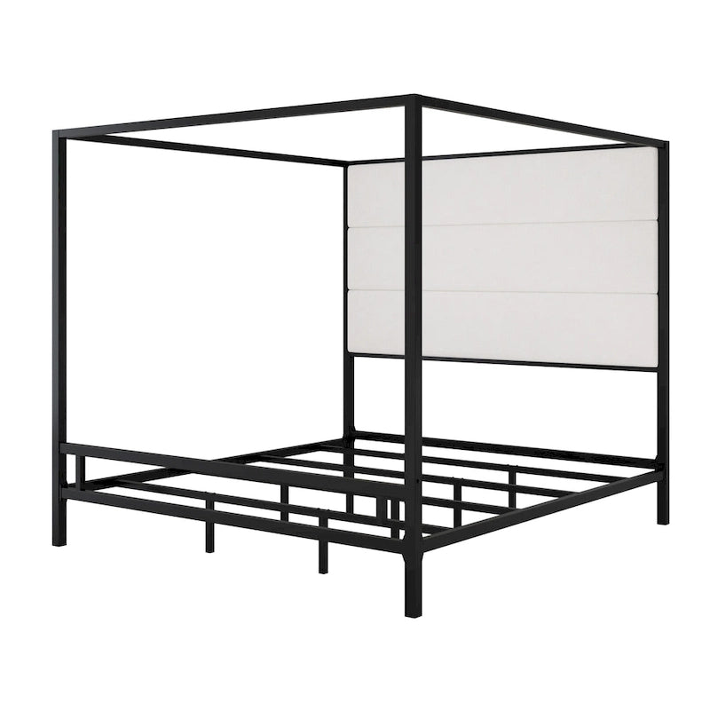 Negro Blanco / Dorado Crema, Cama con Dosel de Metal con Cabecero de Lino, 4 Postes, Queen / King