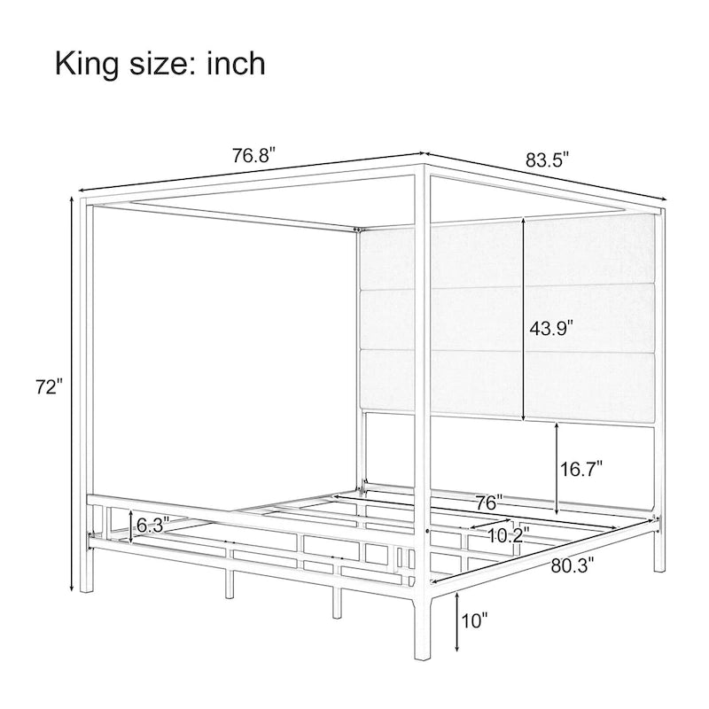 Negro Blanco / Dorado Crema, Cama con Dosel de Metal con Cabecero de Lino, 4 Postes, Queen / King