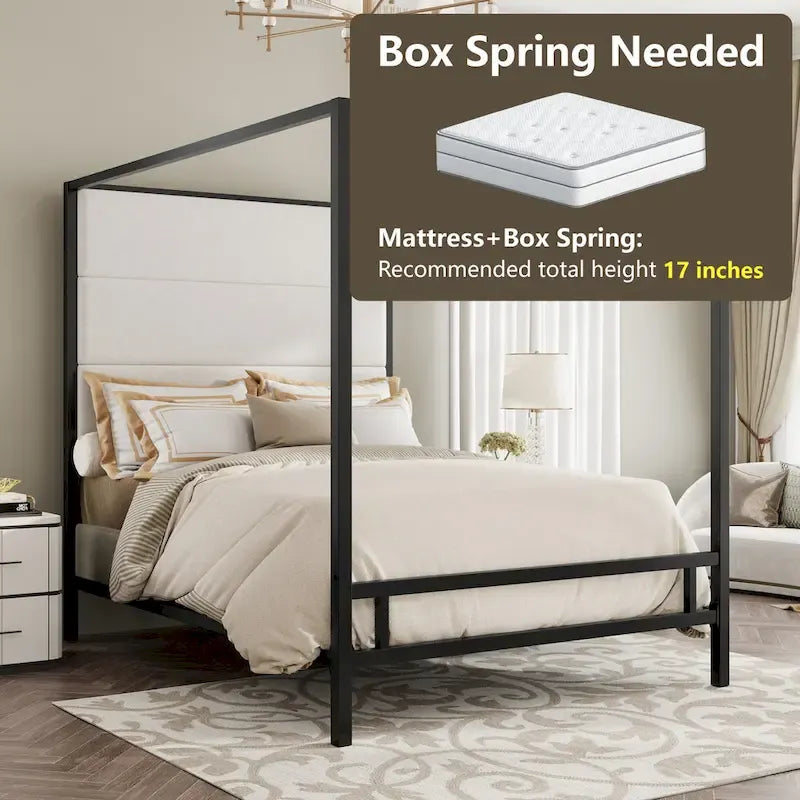 Negro Blanco / Dorado Crema, Cama con Dosel de Metal con Cabecero de Lino, 4 Postes, Queen / King