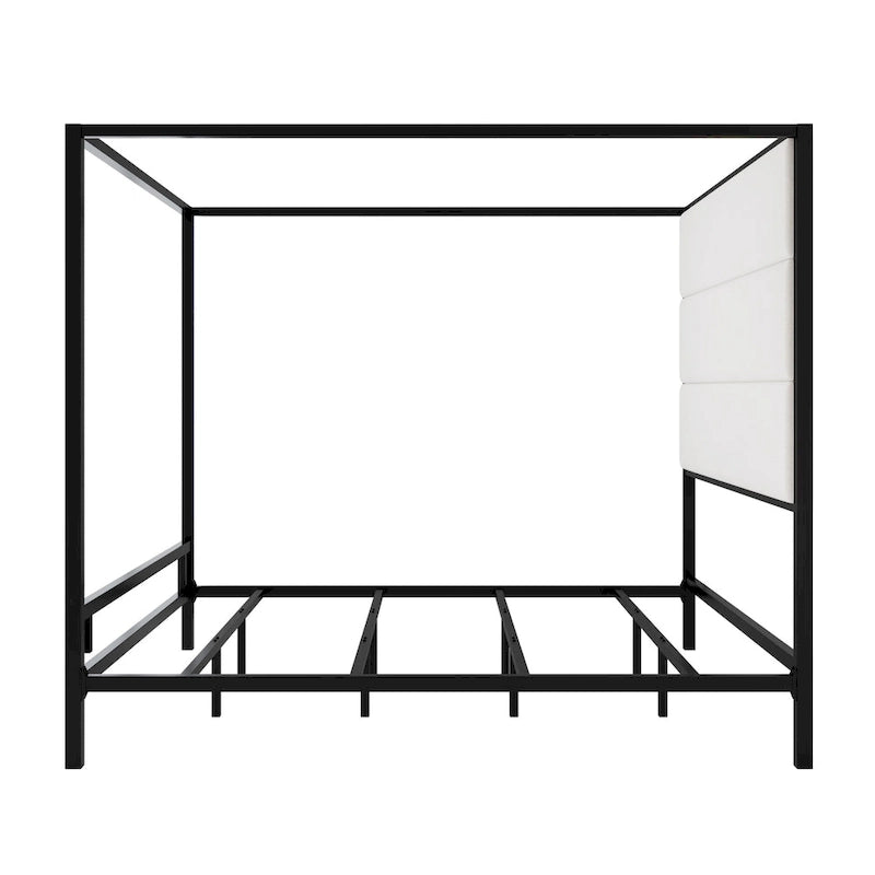 Negro Blanco / Dorado Crema, Cama con Dosel de Metal con Cabecero de Lino, 4 Postes, Queen / King