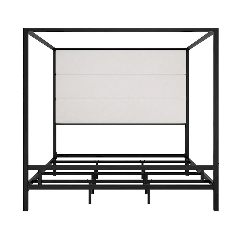 Negro Blanco / Dorado Crema, Cama con Dosel de Metal con Cabecero de Lino, 4 Postes, Queen / King