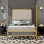 Negro Blanco / Dorado Crema, Cama con Dosel de Metal con Cabecero de Lino, 4 Postes, Queen / King