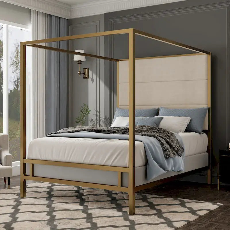 Negro Blanco / Dorado Crema, Cama con Dosel de Metal con Cabecero de Lino, 4 Postes, Queen / King