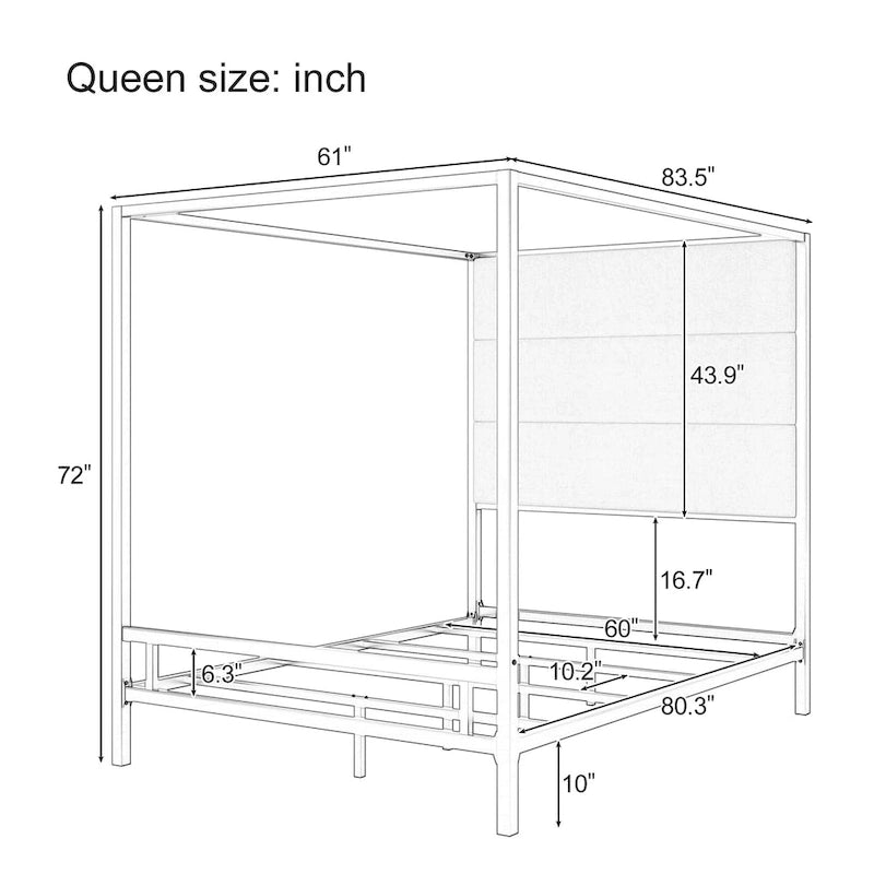 Negro Blanco / Dorado Crema, Cama con Dosel de Metal con Cabecero de Lino, 4 Postes, Queen / King