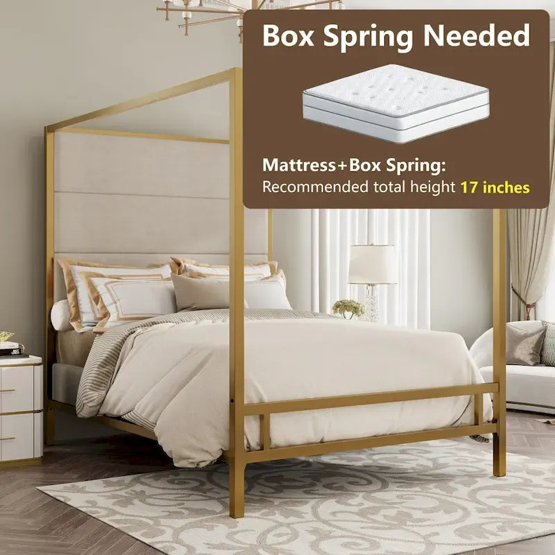 Negro Blanco / Dorado Crema, Cama con Dosel de Metal con Cabecero de Lino, 4 Postes, Queen / King