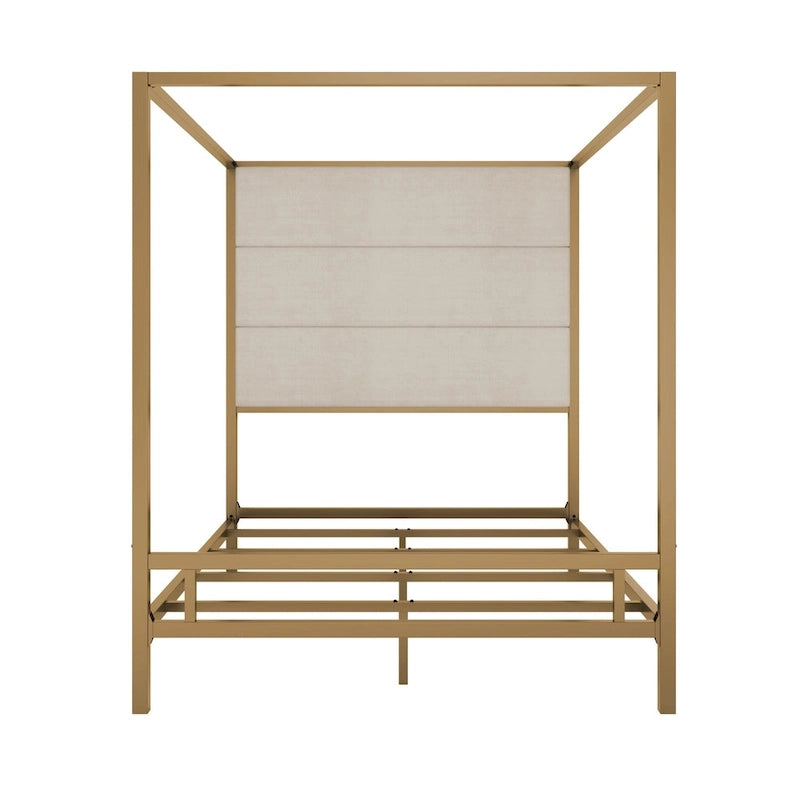 Negro Blanco / Dorado Crema, Cama con Dosel de Metal con Cabecero de Lino, 4 Postes, Queen / King