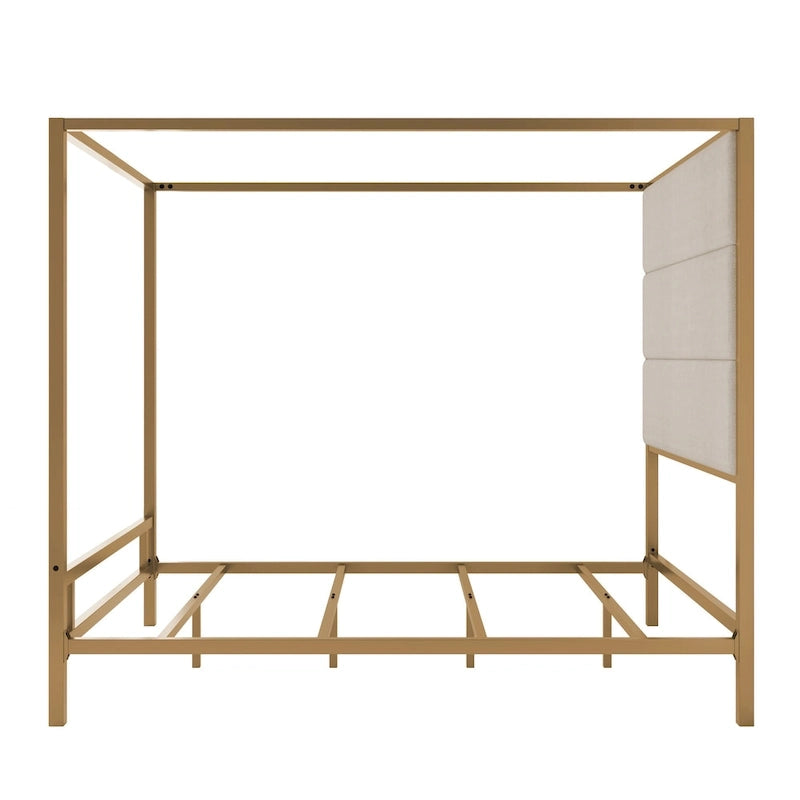 Negro Blanco / Dorado Crema, Cama con Dosel de Metal con Cabecero de Lino, 4 Postes, Queen / King