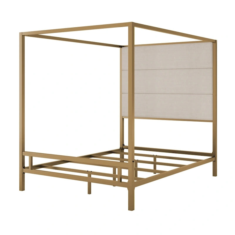 Negro Blanco / Dorado Crema, Cama con Dosel de Metal con Cabecero de Lino, 4 Postes, Queen / King