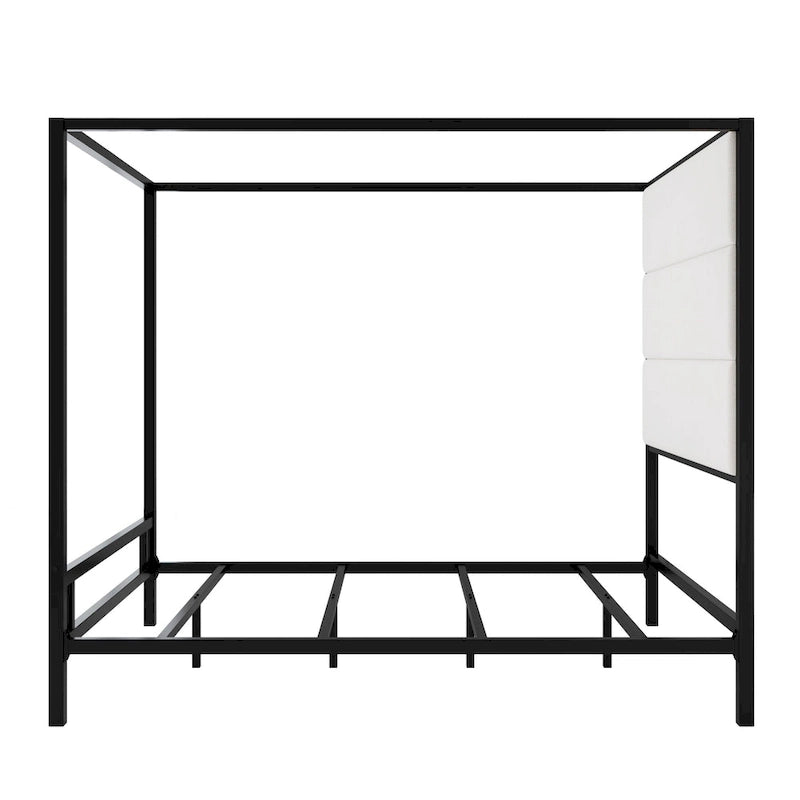 Negro Blanco / Dorado Crema, Cama con Dosel de Metal con Cabecero de Lino, 4 Postes, Queen / King