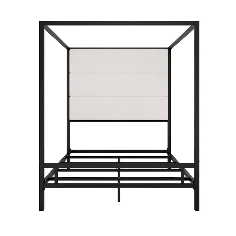 Negro Blanco / Dorado Crema, Cama con Dosel de Metal con Cabecero de Lino, 4 Postes, Queen / King