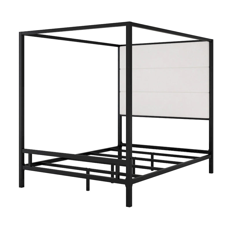 Negro Blanco / Dorado Crema, Cama con Dosel de Metal con Cabecero de Lino, 4 Postes, Queen / King