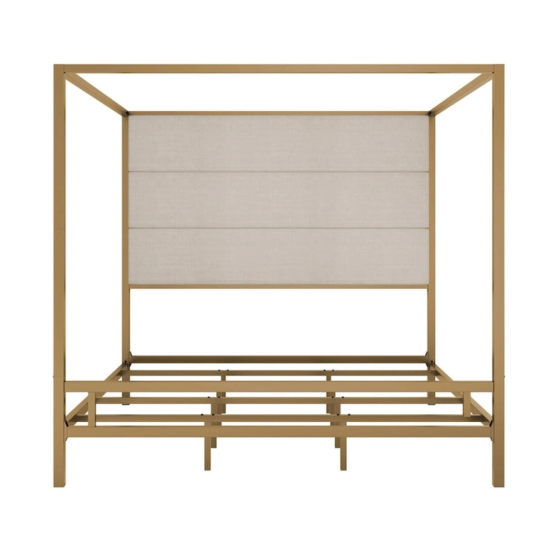 Negro Blanco / Dorado Crema, Cama con Dosel de Metal con Cabecero de Lino, 4 Postes, Queen / King
