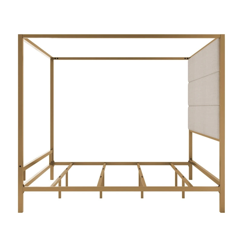 Negro Blanco / Dorado Crema, Cama con Dosel de Metal con Cabecero de Lino, 4 Postes, Queen / King
