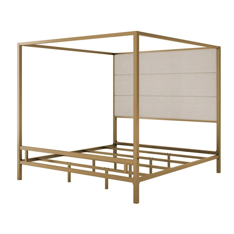 Negro Blanco / Dorado Crema, Cama con Dosel de Metal con Cabecero de Lino, 4 Postes, Queen / King