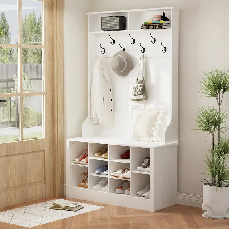 Perchero recibidor 4 en 1 blanco/marrón/gris/negro con banco zapatero, perchero de almacenamiento para entrada de 1-2 personas de 174 cm