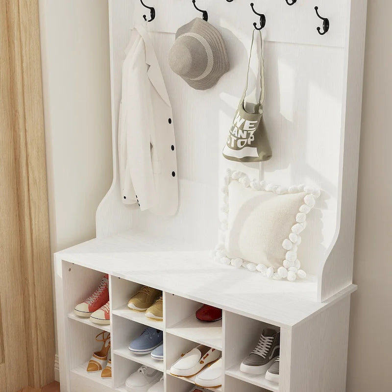 Perchero recibidor 4 en 1 blanco/marrón/gris/negro con banco zapatero, perchero de almacenamiento para entrada de 1-2 personas de 174 cm