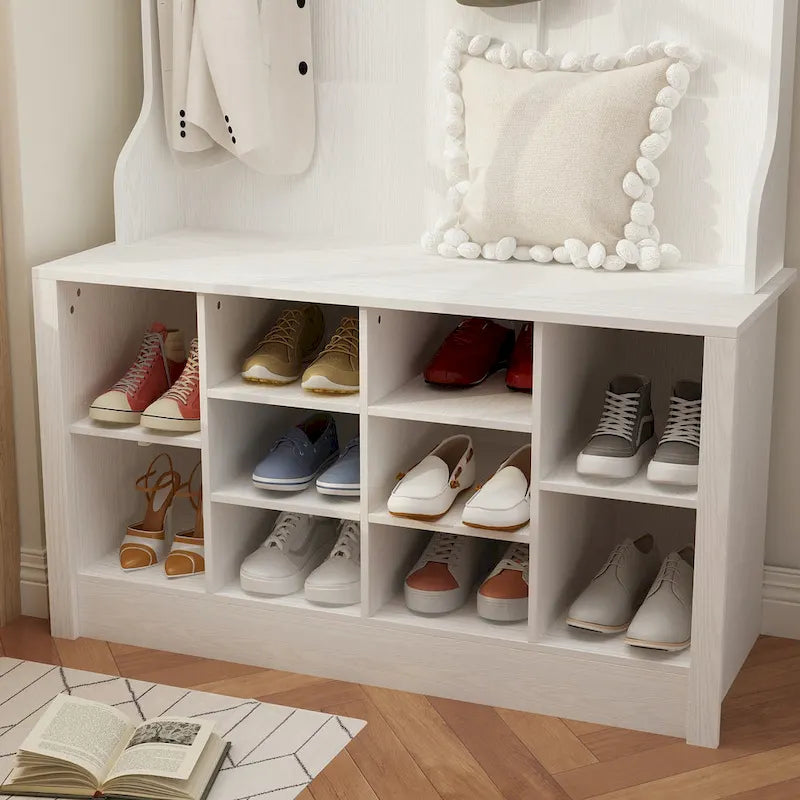 Perchero recibidor 4 en 1 blanco/marrón/gris/negro con banco zapatero, perchero de almacenamiento para entrada de 1-2 personas de 174 cm