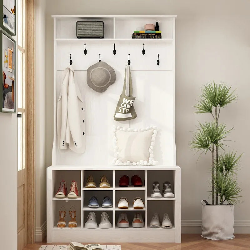 Perchero recibidor 4 en 1 blanco/marrón/gris/negro con banco zapatero, perchero de almacenamiento para entrada de 1-2 personas de 174 cm
