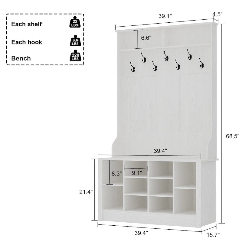 Perchero recibidor 4 en 1 blanco/marrón/gris/negro con banco zapatero, perchero de almacenamiento para entrada de 1-2 personas de 174 cm