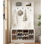 Perchero recibidor 4 en 1 blanco/marrón/gris/negro con banco zapatero, perchero de almacenamiento para entrada de 1-2 personas de 174 cm