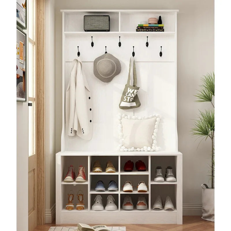 Perchero recibidor 4 en 1 blanco/marrón/gris/negro con banco zapatero, perchero de almacenamiento para entrada de 1-2 personas de 174 cm