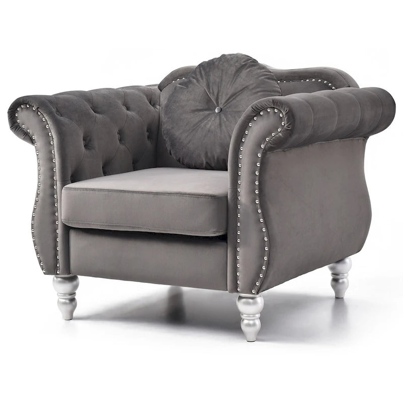 Sillón auxiliar de terciopelo capitoné Hollywood Chesterfield con cojín redondo - 39L x 35W x 34H