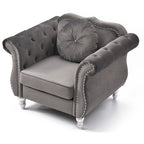 Sillón auxiliar de terciopelo capitoné Hollywood Chesterfield con cojín redondo - 39L x 35W x 34H