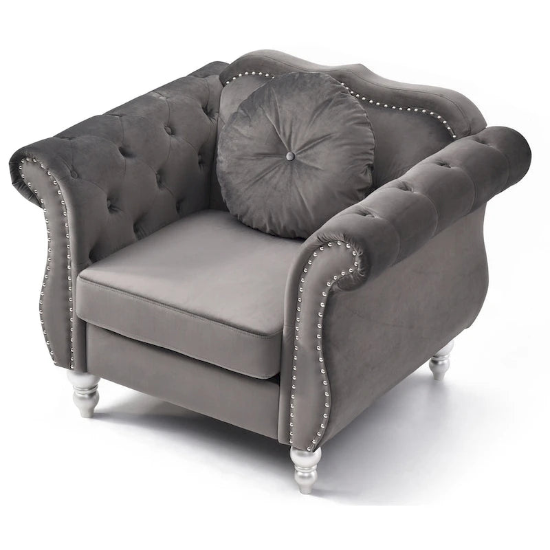 Sillón auxiliar de terciopelo capitoné Hollywood Chesterfield con cojín redondo - 39L x 35W x 34H