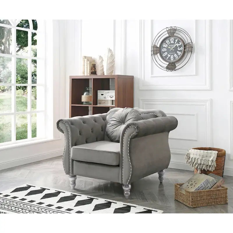 Sillón auxiliar de terciopelo capitoné Hollywood Chesterfield con cojín redondo - 39L x 35W x 34H