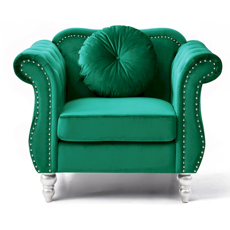 Sillón auxiliar de terciopelo capitoné Hollywood Chesterfield con cojín redondo - 39L x 35W x 34H