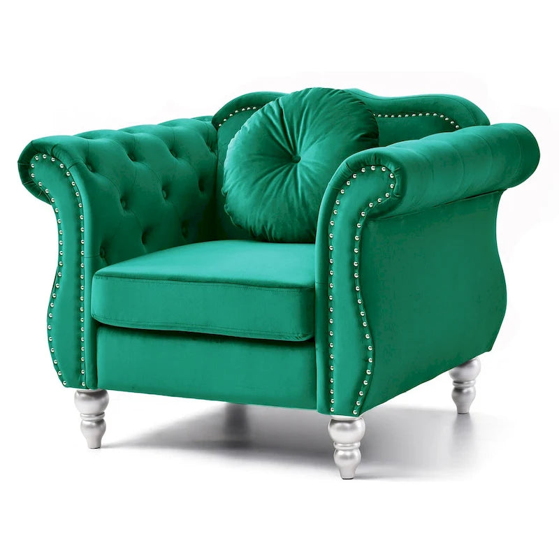 Sillón auxiliar de terciopelo capitoné Hollywood Chesterfield con cojín redondo - 39L x 35W x 34H