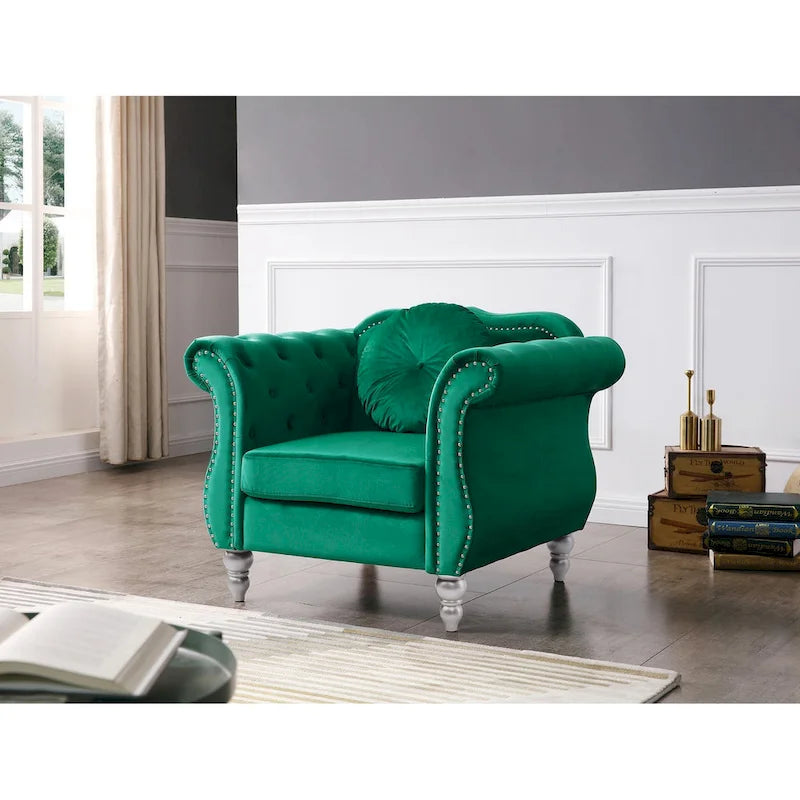 Sillón auxiliar de terciopelo capitoné Hollywood Chesterfield con cojín redondo - 39L x 35W x 34H