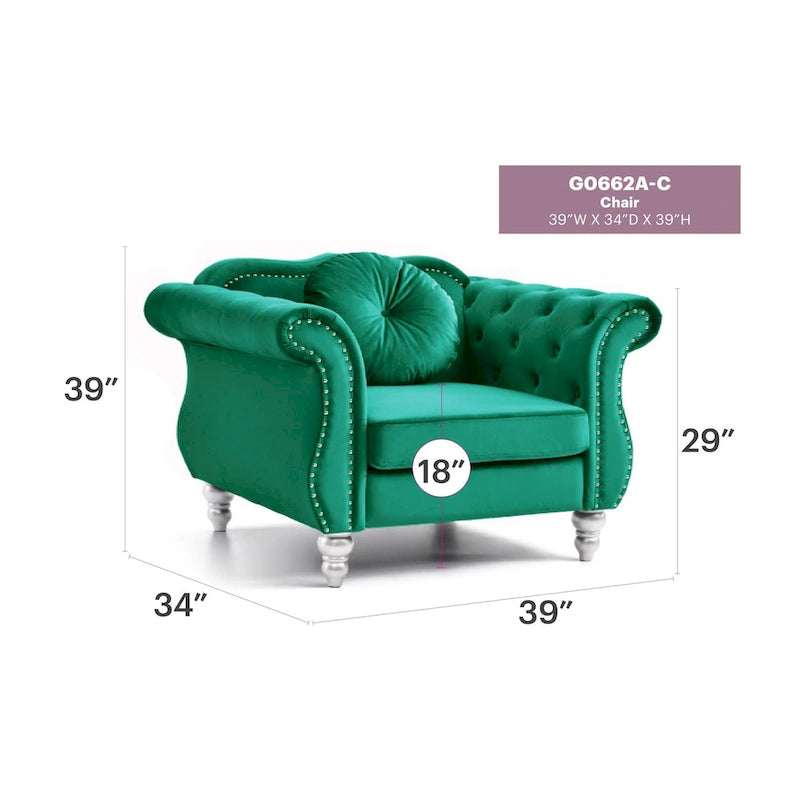 Sillón auxiliar de terciopelo capitoné Hollywood Chesterfield con cojín redondo - 39L x 35W x 34H