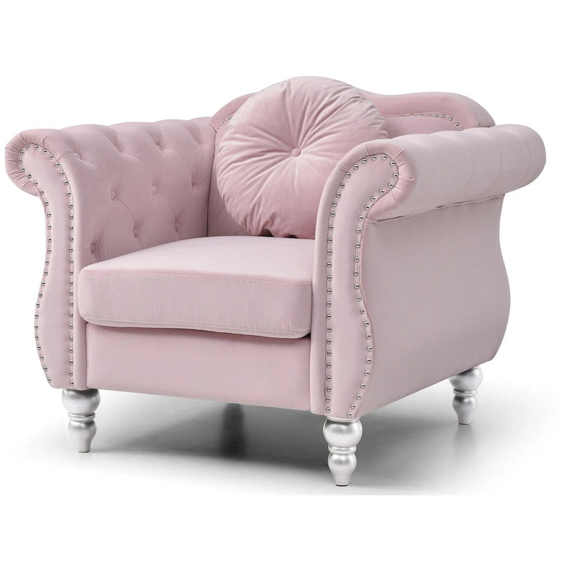 Sillón auxiliar de terciopelo capitoné Hollywood Chesterfield con cojín redondo - 39L x 35W x 34H