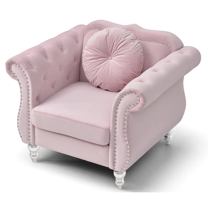 Sillón auxiliar de terciopelo capitoné Hollywood Chesterfield con cojín redondo - 39L x 35W x 34H
