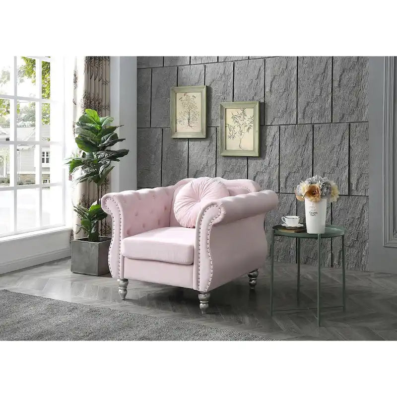 Sillón auxiliar de terciopelo capitoné Hollywood Chesterfield con cojín redondo - 39L x 35W x 34H