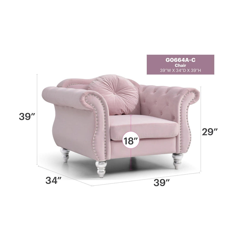Sillón auxiliar de terciopelo capitoné Hollywood Chesterfield con cojín redondo - 39L x 35W x 34H