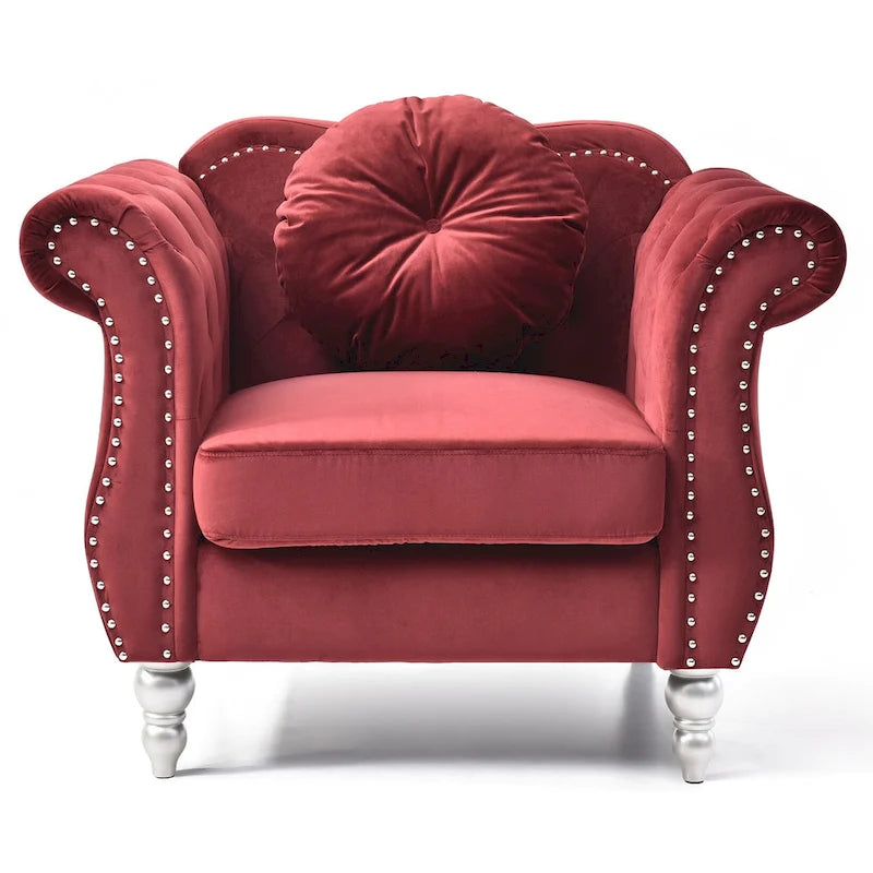Sillón auxiliar de terciopelo capitoné Hollywood Chesterfield con cojín redondo - 39L x 35W x 34H