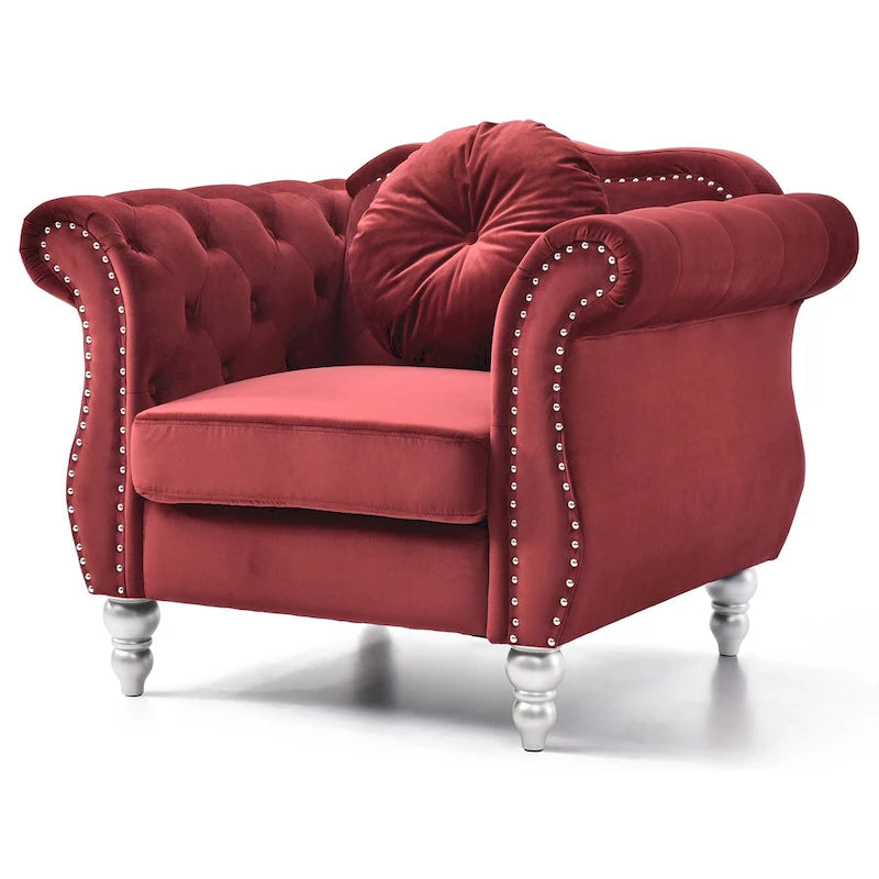 Sillón auxiliar de terciopelo capitoné Hollywood Chesterfield con cojín redondo - 39L x 35W x 34H