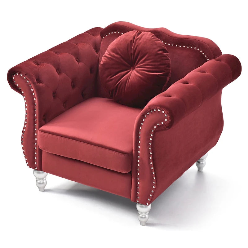 Sillón auxiliar de terciopelo capitoné Hollywood Chesterfield con cojín redondo - 39L x 35W x 34H