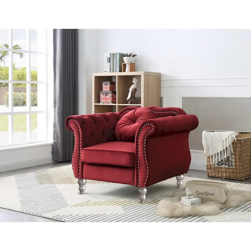 Sillón auxiliar de terciopelo capitoné Hollywood Chesterfield con cojín redondo - 39L x 35W x 34H