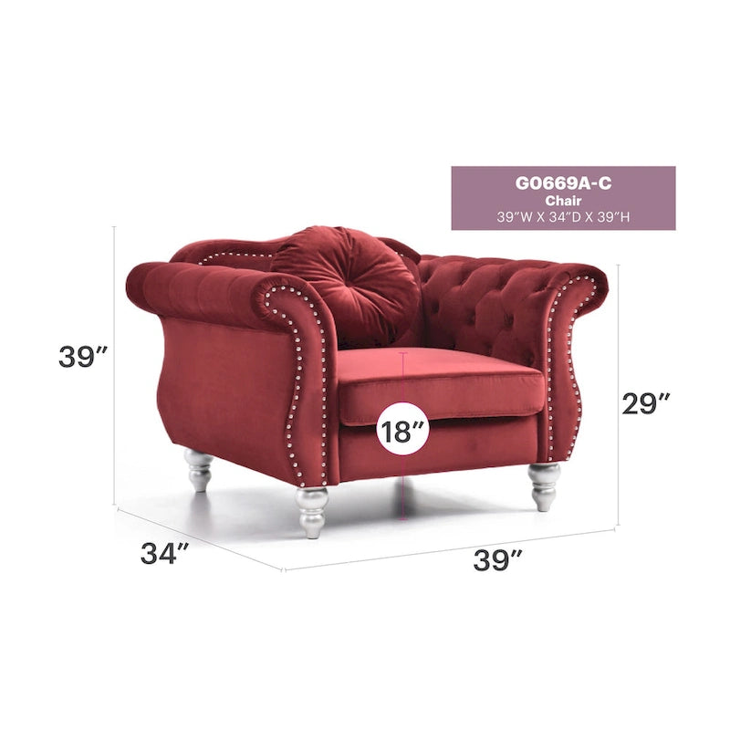 Sillón auxiliar de terciopelo capitoné Hollywood Chesterfield con cojín redondo - 39L x 35W x 34H