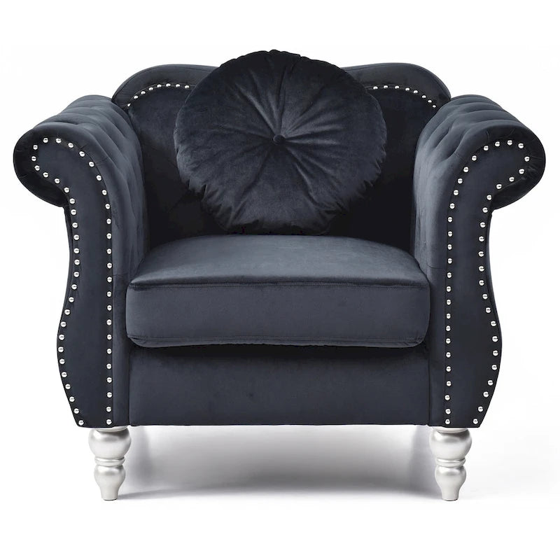 Sillón auxiliar de terciopelo capitoné Hollywood Chesterfield con cojín redondo - 39L x 35W x 34H