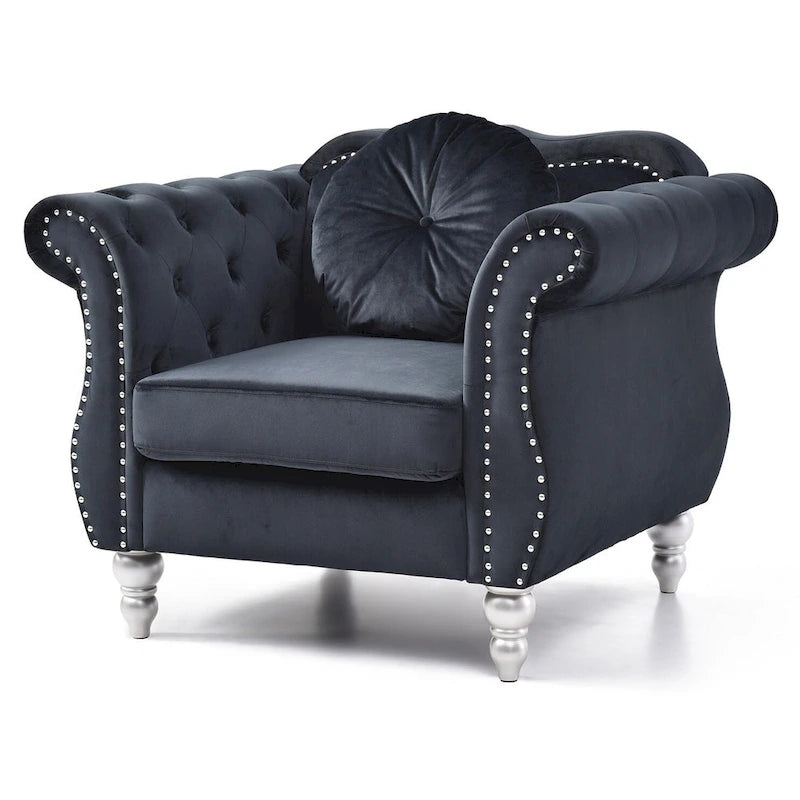 Sillón auxiliar de terciopelo capitoné Hollywood Chesterfield con cojín redondo - 39L x 35W x 34H