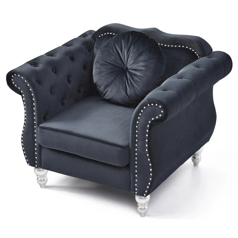 Sillón auxiliar de terciopelo capitoné Hollywood Chesterfield con cojín redondo - 39L x 35W x 34H