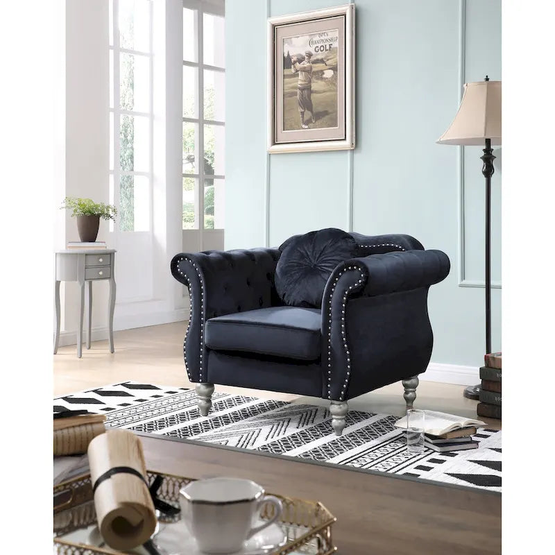Sillón auxiliar de terciopelo capitoné Hollywood Chesterfield con cojín redondo - 39L x 35W x 34H