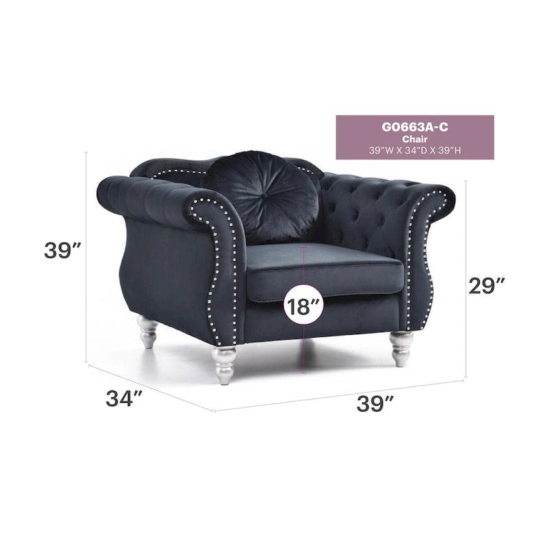 Sillón auxiliar de terciopelo capitoné Hollywood Chesterfield con cojín redondo - 39L x 35W x 34H