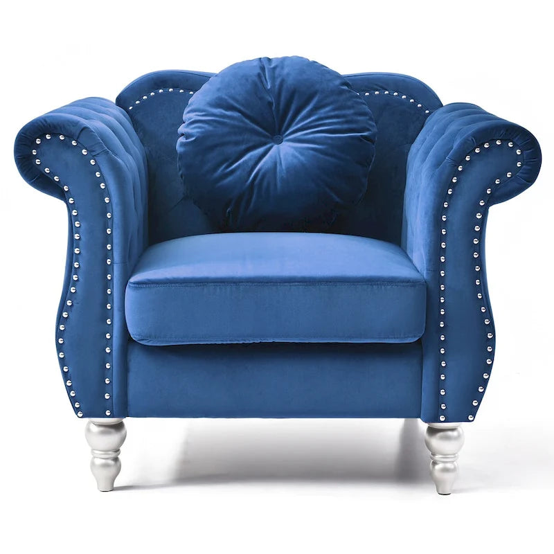 Sillón auxiliar de terciopelo capitoné Hollywood Chesterfield con cojín redondo - 39L x 35W x 34H