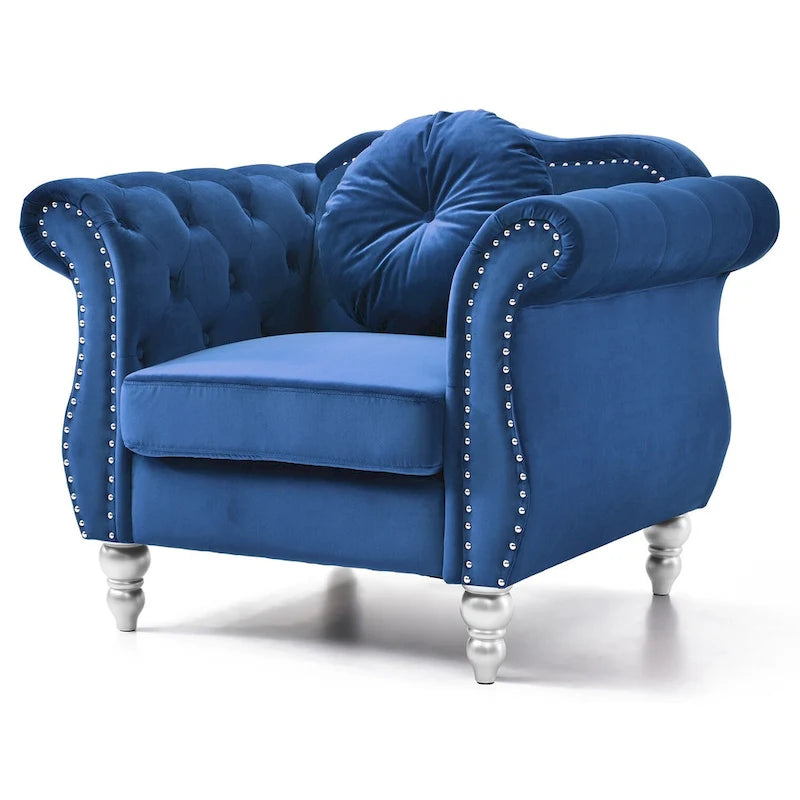 Sillón auxiliar de terciopelo capitoné Hollywood Chesterfield con cojín redondo - 39L x 35W x 34H